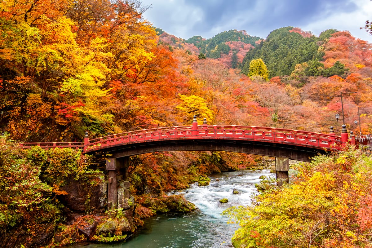 A red arched bridge over an autumn river, Nikkō