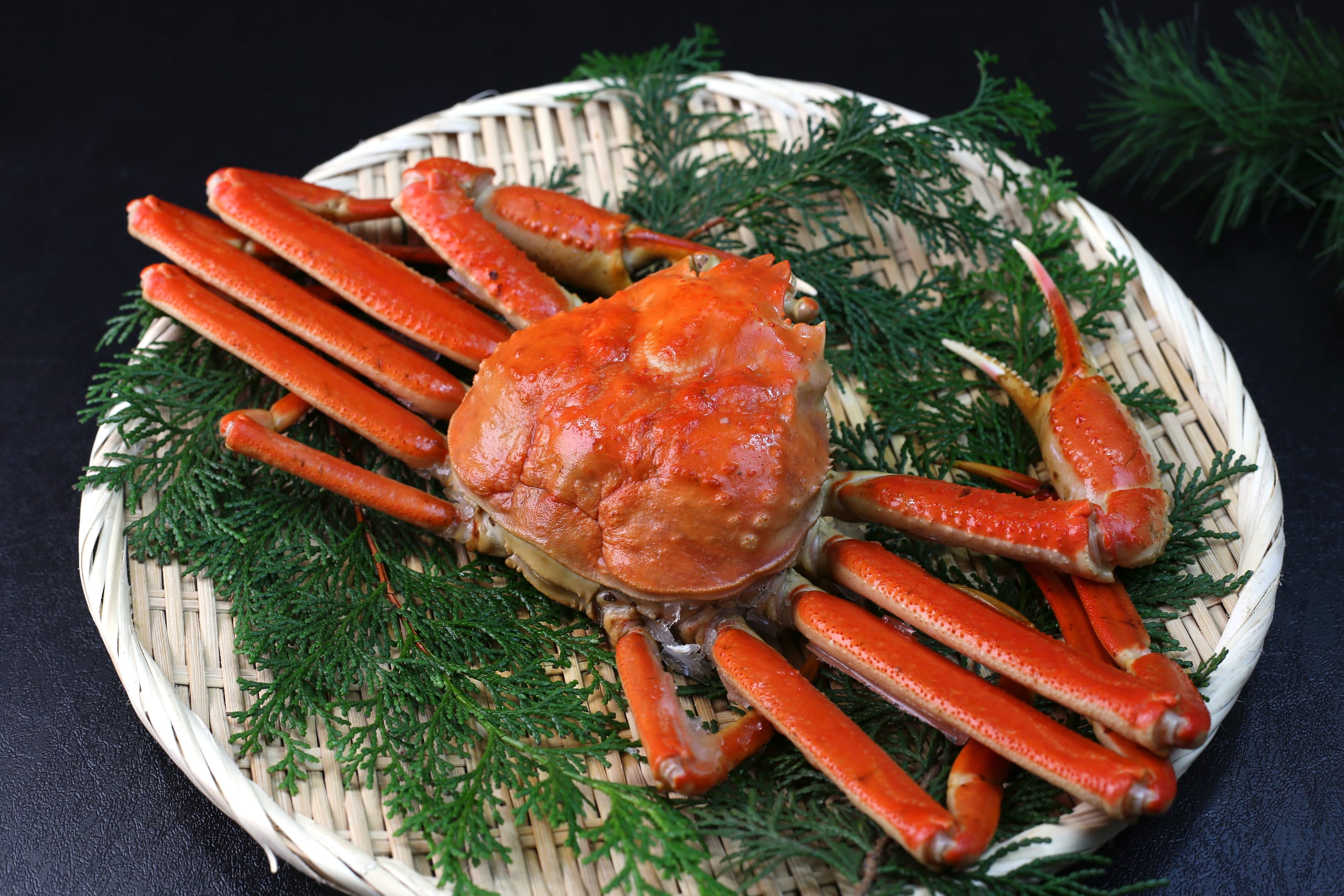 A snow crab kaiseki course at Yamashiro Onsen, Kanazawa, in early winter light