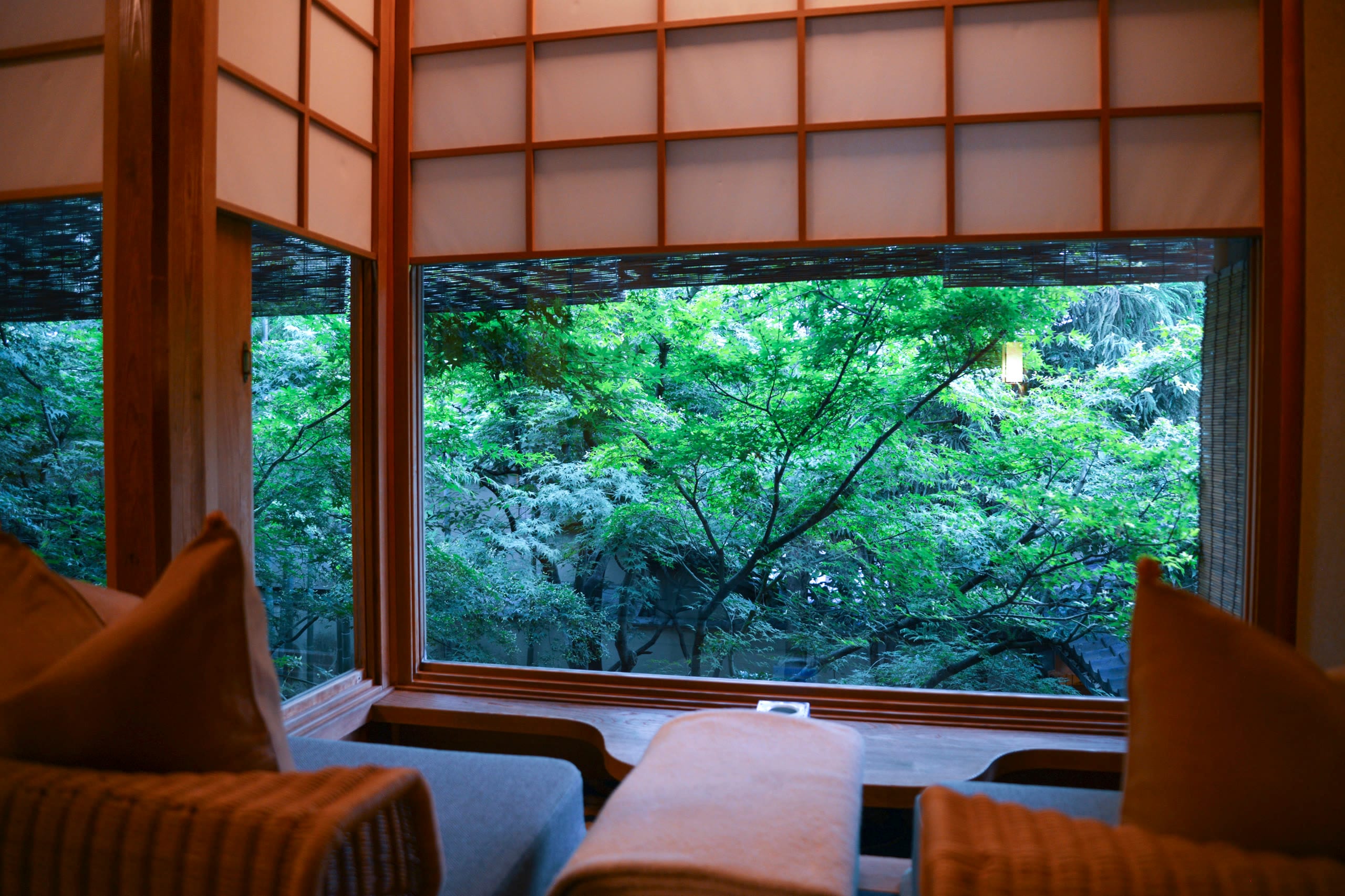 A private onsen terrace looking out at Mount Fuji