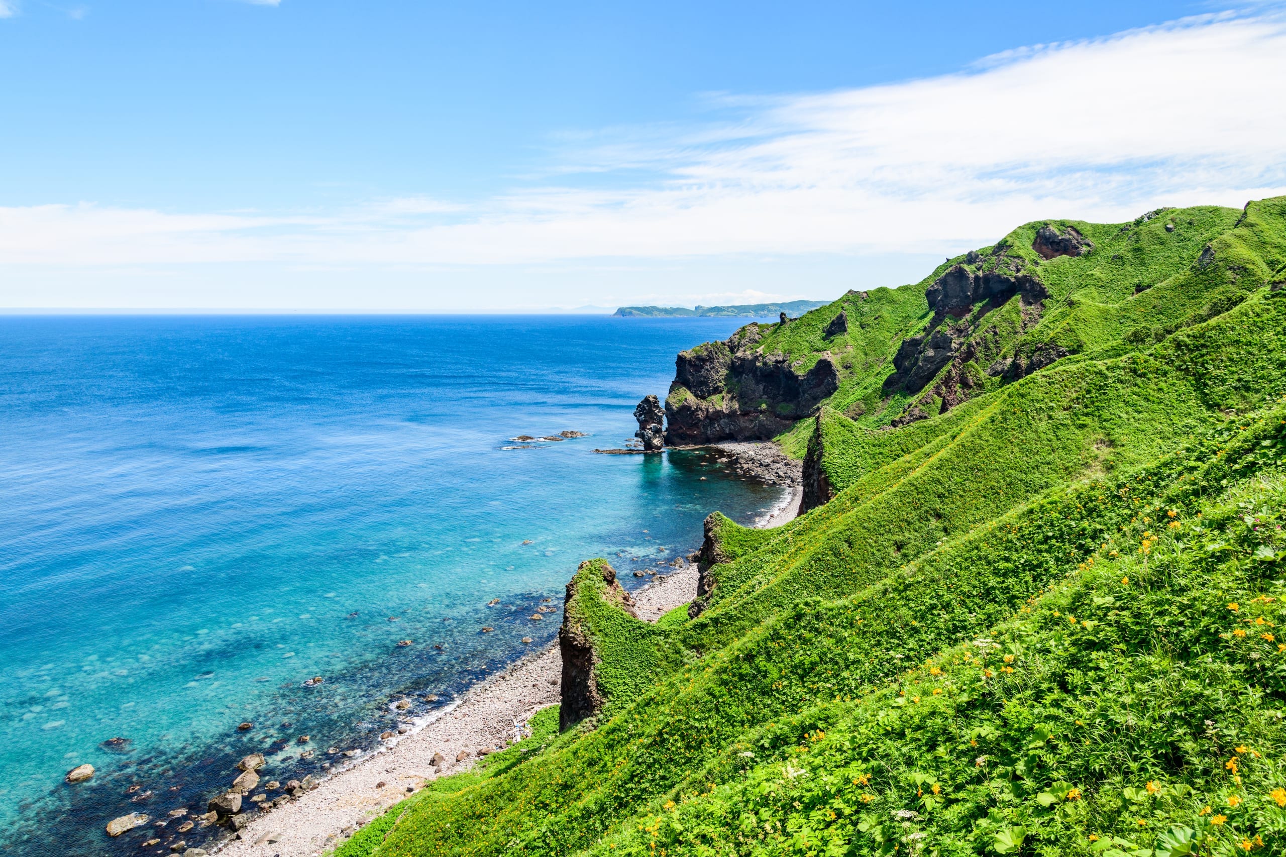 The deep blue water of Cape Kamui on the Shakotan coast, Hokkaido