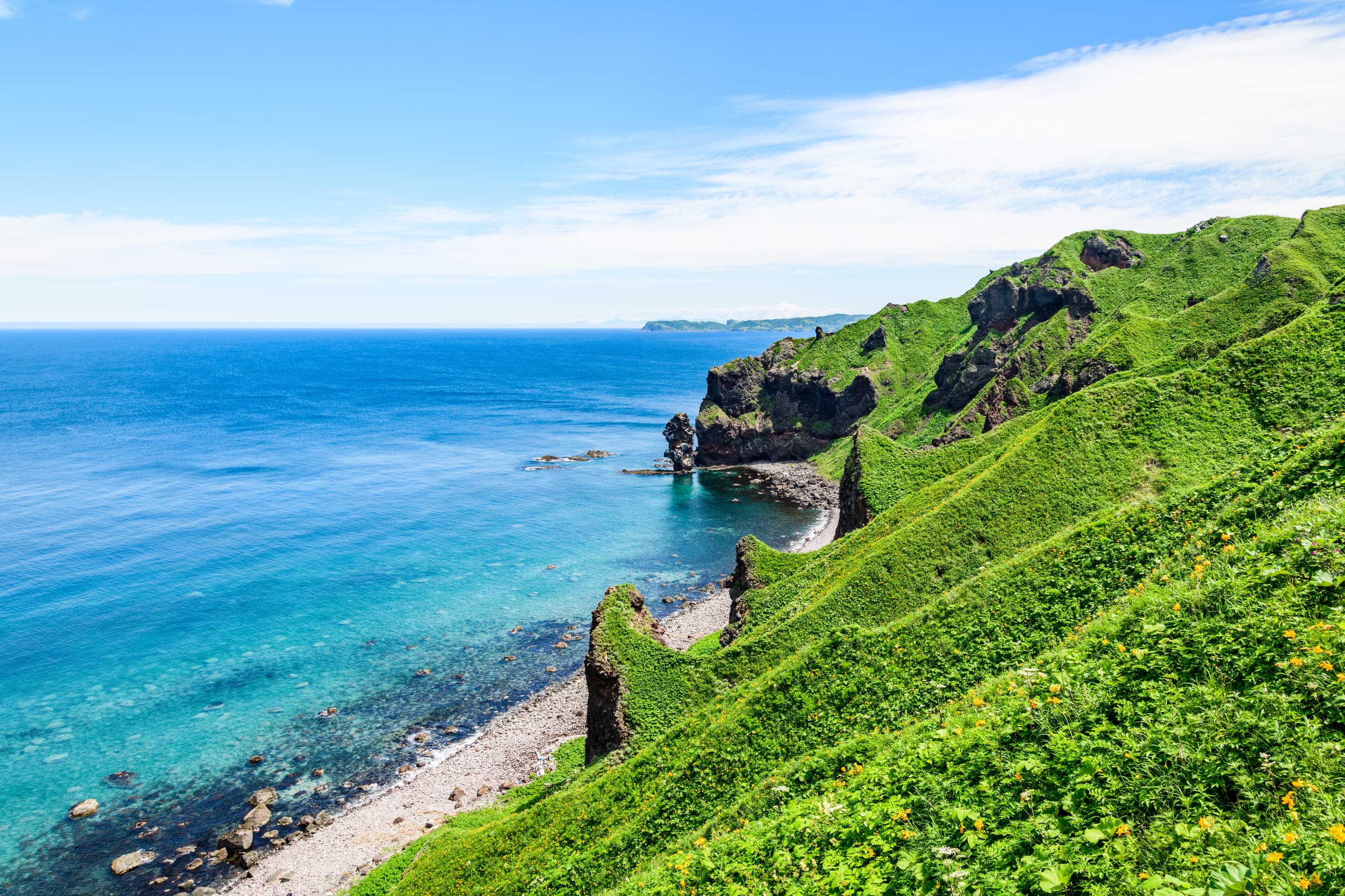A boat viewing wildlife along Shiretoko's roadless coast, Hokkaido